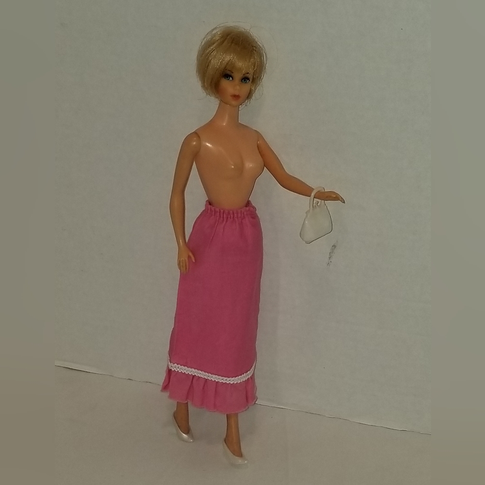 Vintage barbie pink skirt, shoes and bag Doll not included